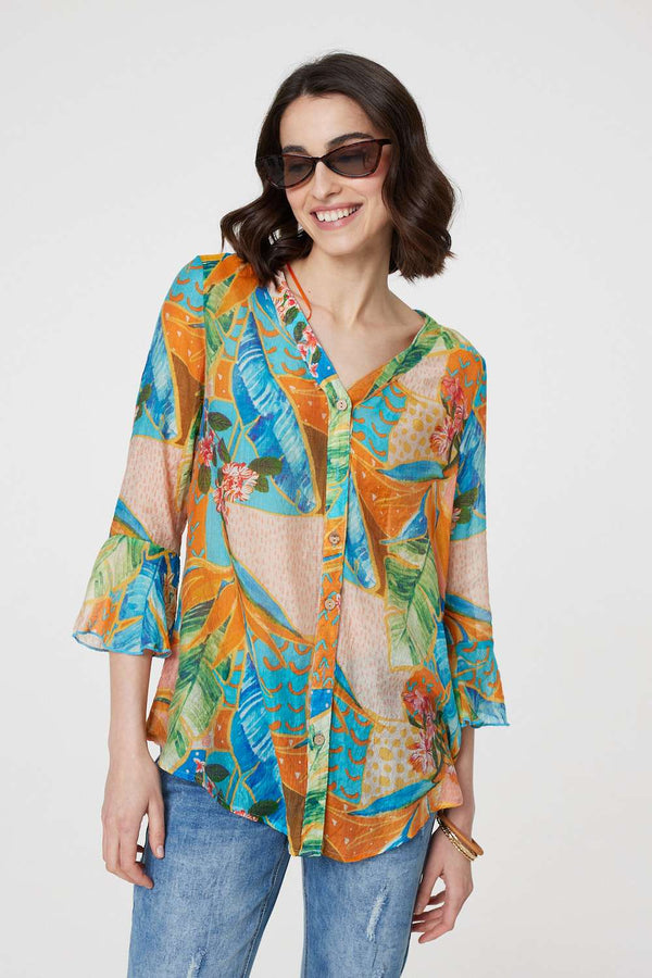 Orange | Leaf Print Button Front Blouse