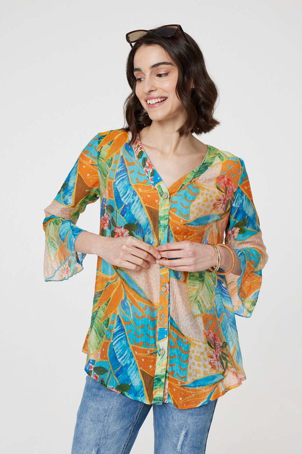 Orange | Leaf Print Button Front Blouse
