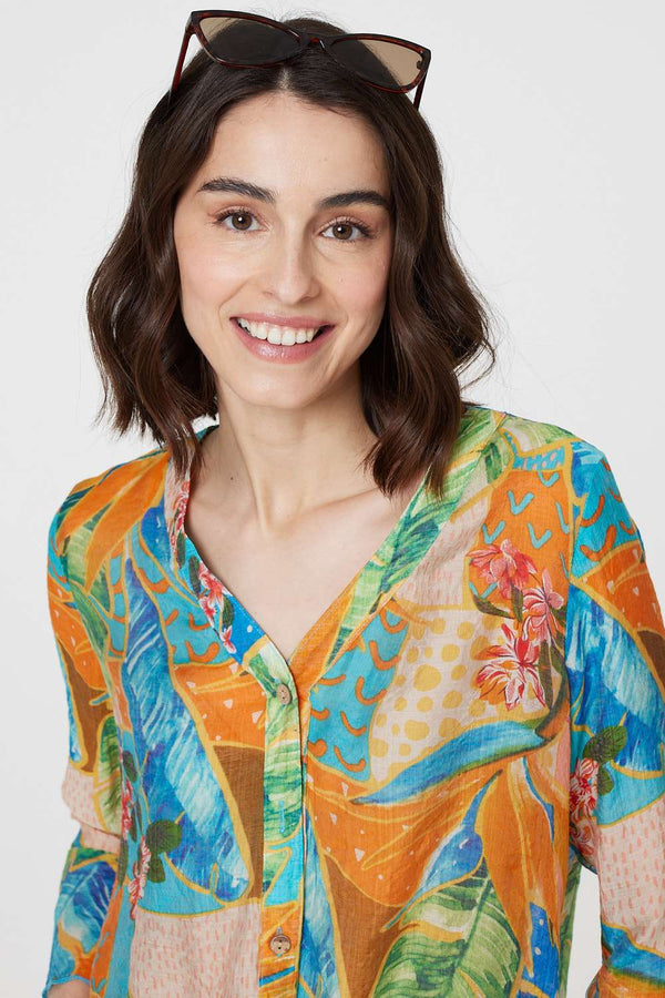 Orange | Leaf Print Button Front Blouse