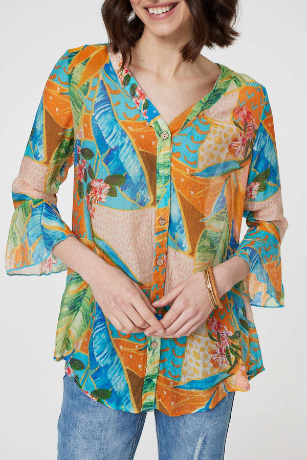 Orange | Leaf Print Button Front Blouse