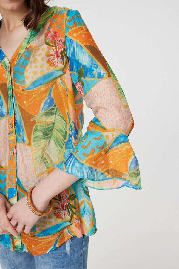 Orange | Leaf Print Button Front Blouse