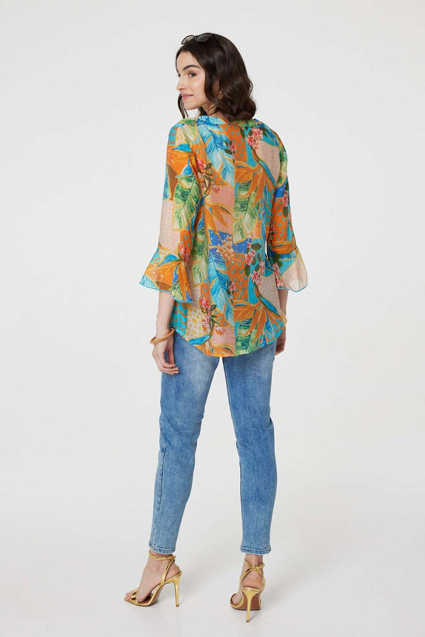 Orange | Leaf Print Button Front Blouse