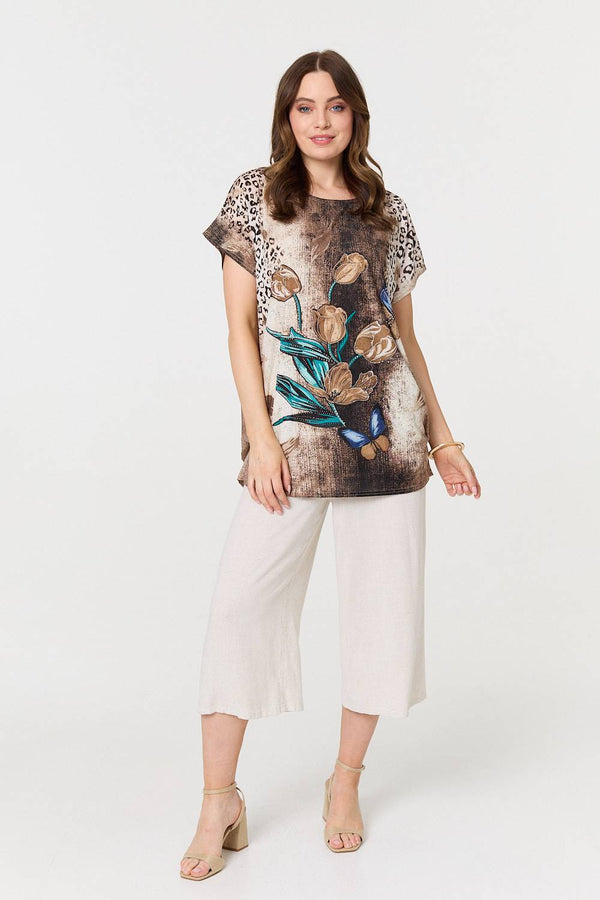 Beige | Printed Cap Sleeve Relaxed T-Shirt
