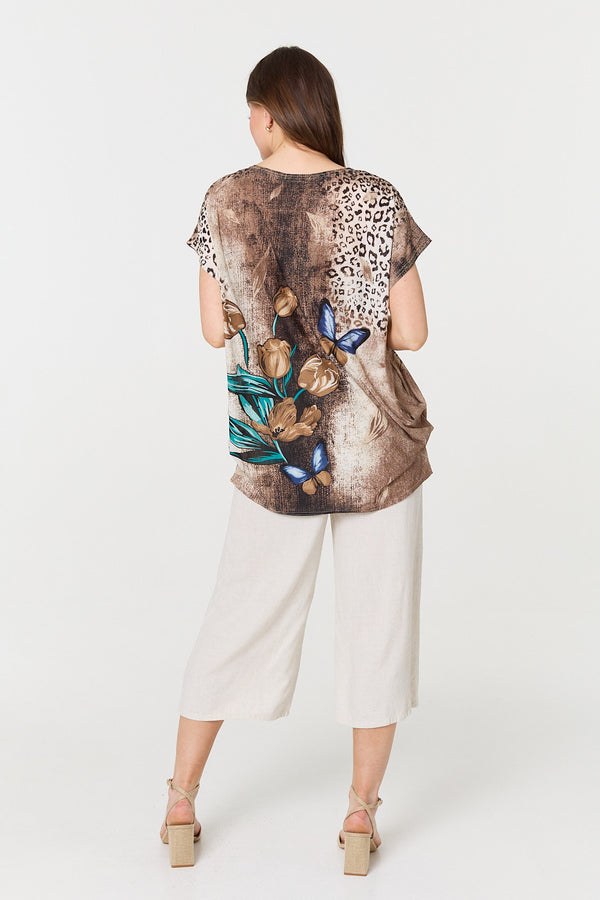Beige | Printed Cap Sleeve Relaxed T-Shirt
