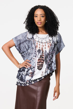 Grey | Feather Print Relaxed Short Sleeve Tunic