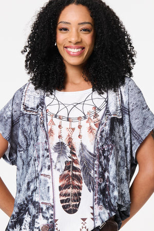 Grey | Feather Print Relaxed Short Sleeve Tunic