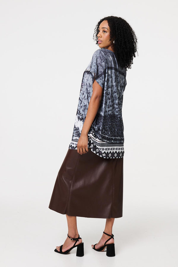 Grey | Feather Print Relaxed Short Sleeve Tunic