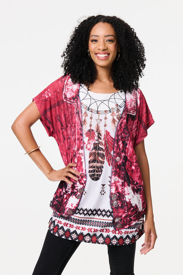 Red | Feather Print Relaxed Short Sleeve Tunic