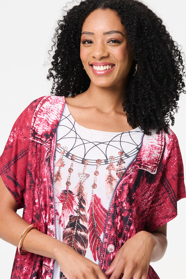 Red | Feather Print Relaxed Short Sleeve Tunic