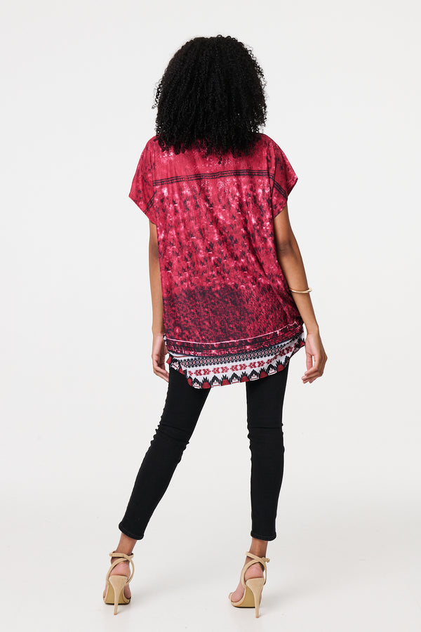 Red | Feather Print Relaxed Short Sleeve Tunic