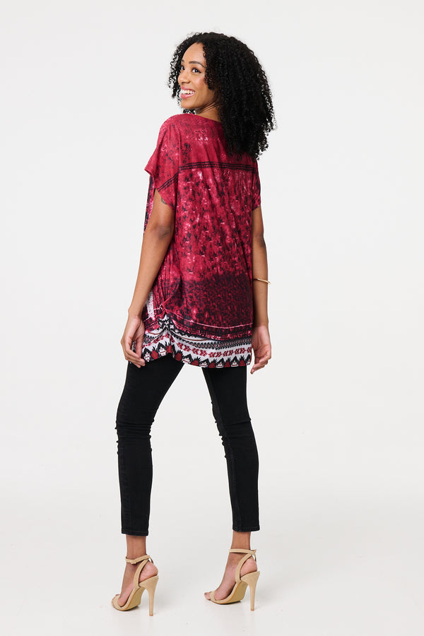 Red | Feather Print Relaxed Short Sleeve Tunic