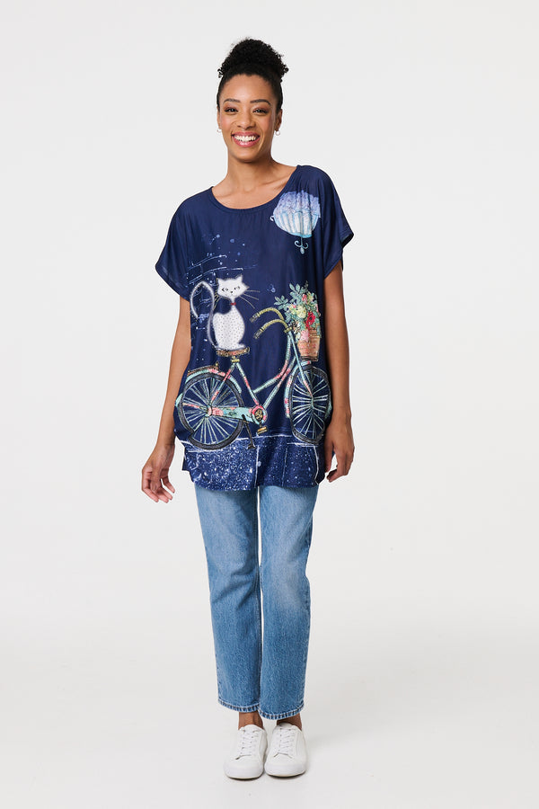 Navy | Graphic Print Relaxed Short Sleeve Tunic