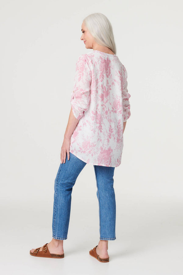 Pink | Floral Button Front V-Neck Blouse