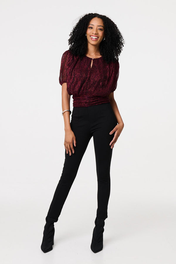 Pink | Glitter Mesh Ruched Semi Sheer Crop Top
