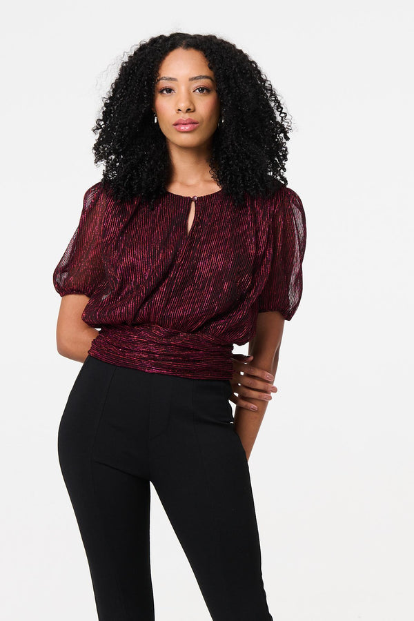 Pink | Glitter Mesh Ruched Semi Sheer Crop Top
