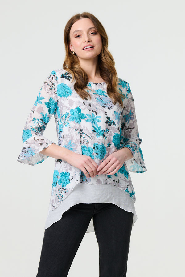 Blue | Floral 3/4 Sleeve Curve Layered Hem Blouse
