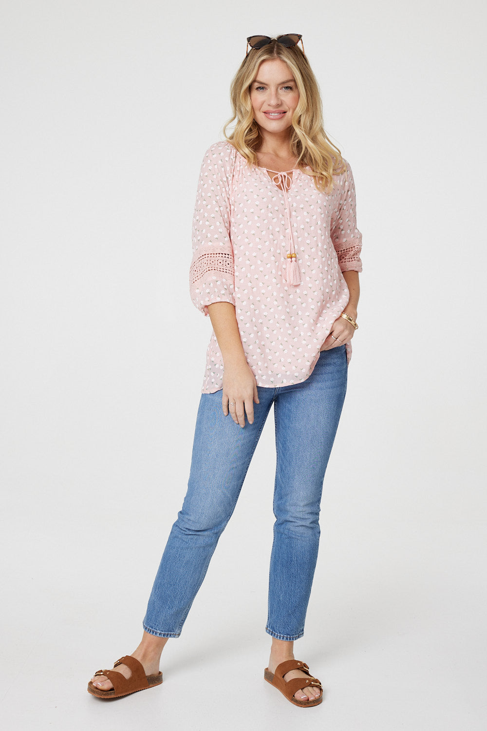 Pink | Floral Lace 3/4 Sleeve Blouse