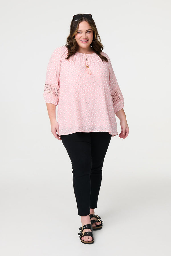 Pink | Floral Lace 3/4 Sleeve Blouse