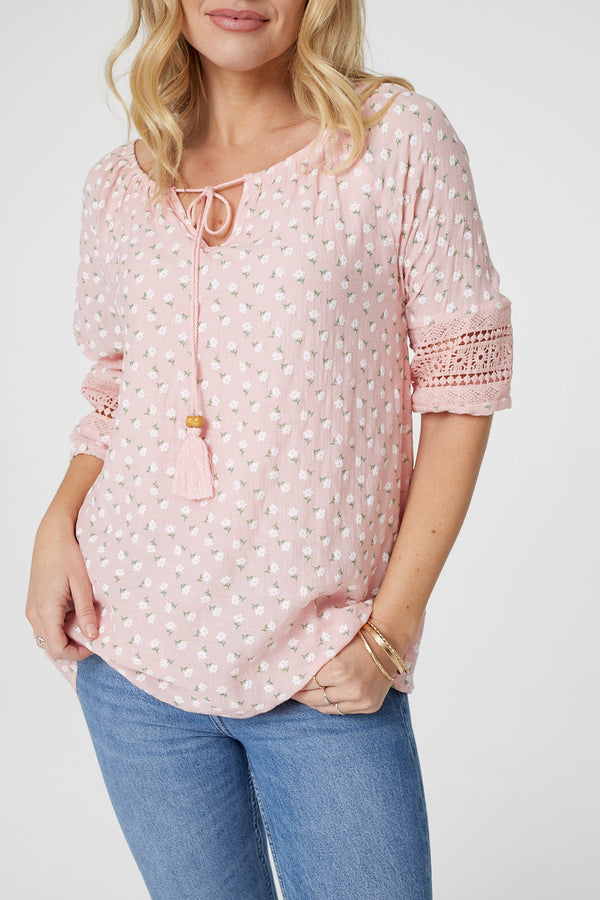 Pink | Floral Lace 3/4 Sleeve Blouse