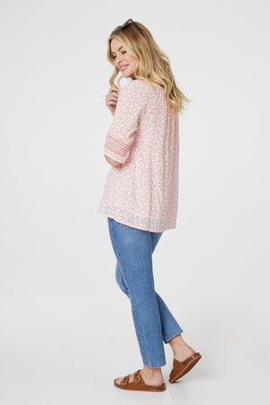 Pink | Floral Lace 3/4 Sleeve Blouse