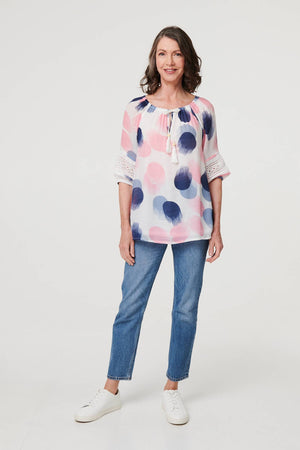 Pink | Printed Lace Trim Tassel Front Blouse
