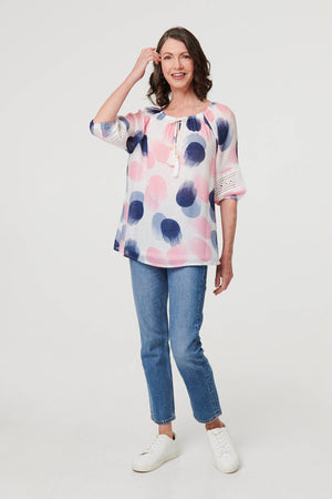 Pink | Printed Lace Trim Tassel Front Blouse
