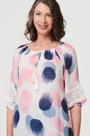Pink | Printed Lace Trim Tassel Front Blouse
