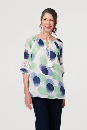 Sage | Printed Lace Trim Tassel Front Blouse
