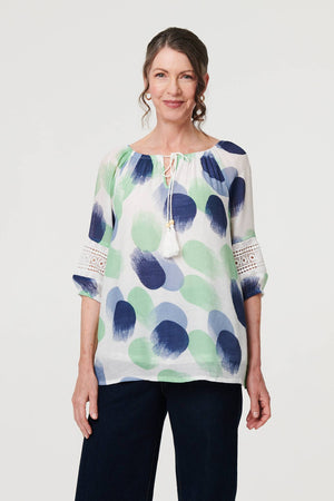 Sage | Printed Lace Trim Tassel Front Blouse : Model is 5'8
