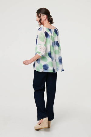 Sage | Printed Lace Trim Tassel Front Blouse
