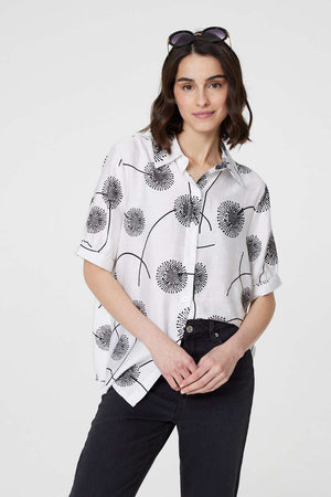 White | Printed 1/2 Sleeve Button-Up Shirt
