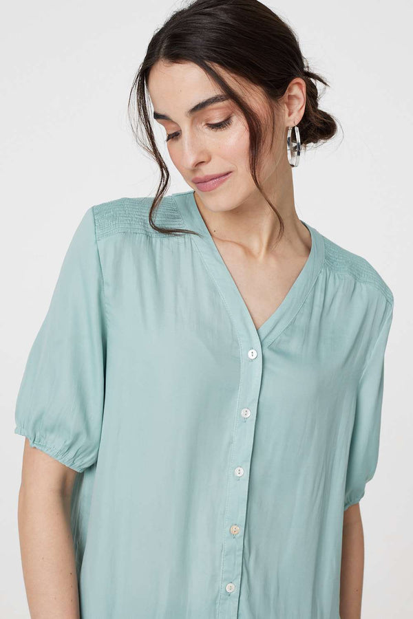 Sage | Plain V-Neck Puff 1/2 Sleeve Shirt