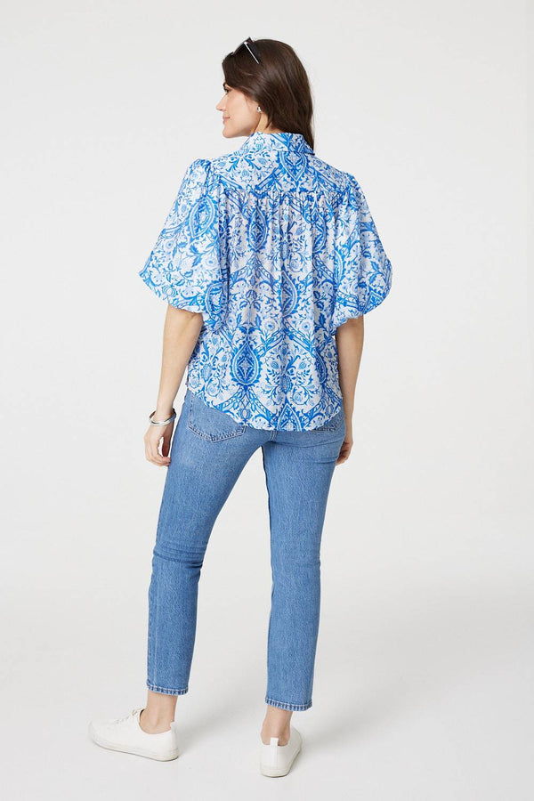 Blue | Paisley Print Puff 1/2 Sleeve Shirt