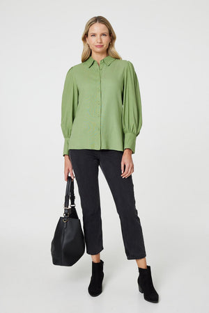 Sage | Plain Puff Sleeve Button-Up Shirt
