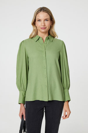 Sage | Plain Puff Sleeve Button-Up Shirt : Model is 5'10