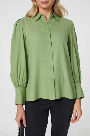 Sage | Plain Puff Sleeve Button-Up Shirt
