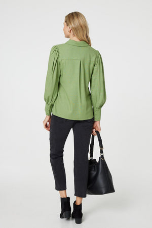 Sage | Plain Puff Sleeve Button-Up Shirt

