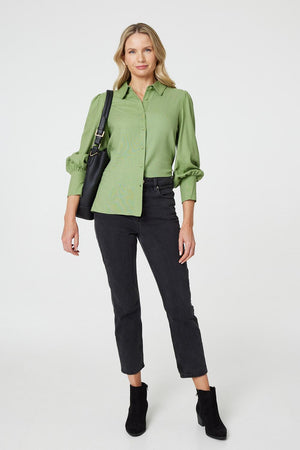 Sage | Plain Puff Sleeve Button-Up Shirt

