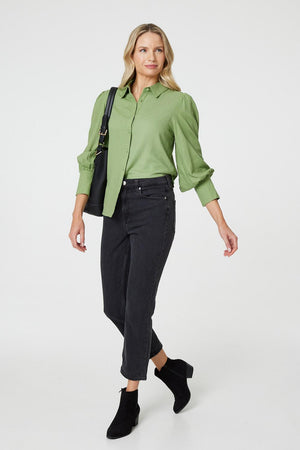 Sage | Plain Puff Sleeve Button-Up Shirt

