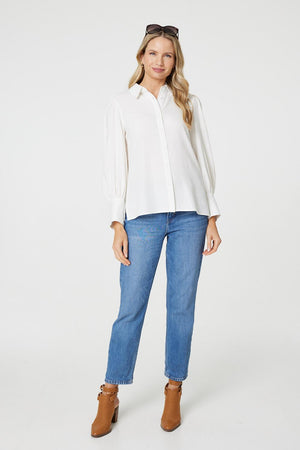 White | Plain Puff Sleeve Button-Up Shirt
