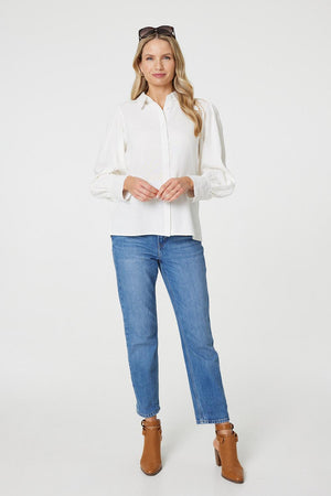White | Plain Puff Sleeve Button-Up Shirt
