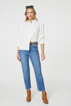 White | Plain Puff Sleeve Button-Up Shirt
