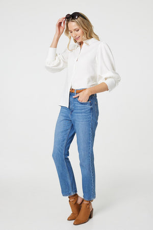 White | Plain Puff Sleeve Button-Up Shirt
