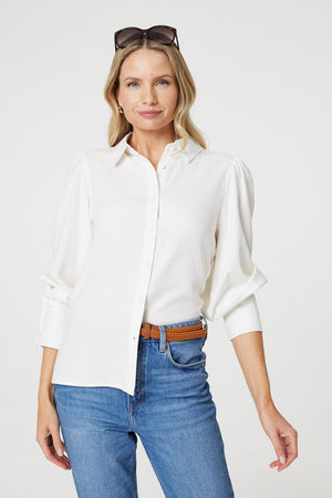 White | Plain Puff Sleeve Button-Up Shirt
