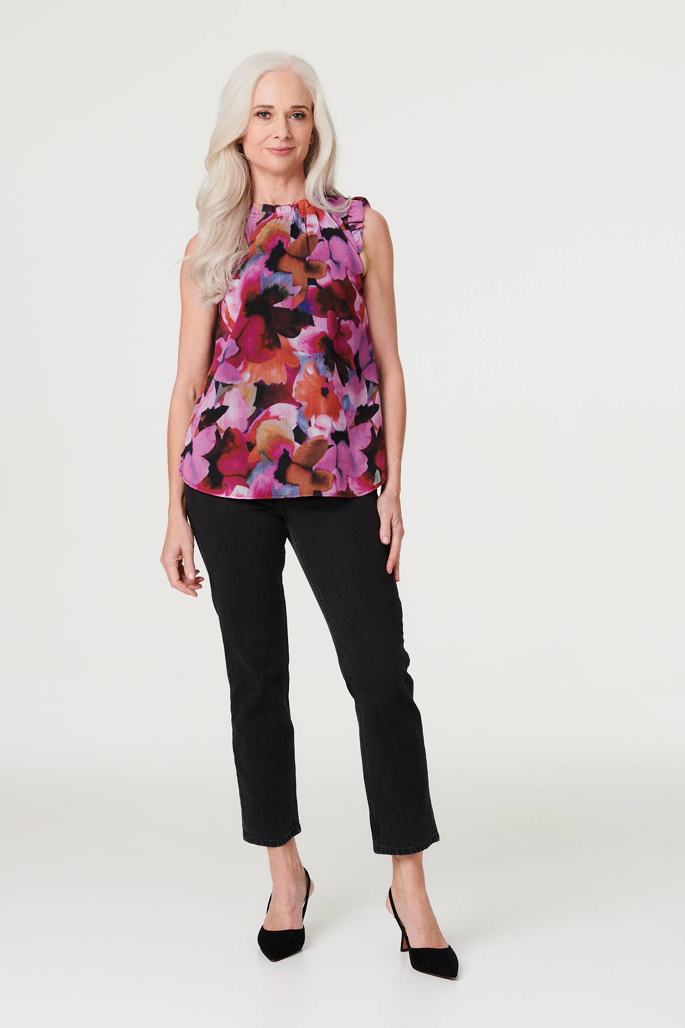 Pink | Floral Frill Detail Blouse Top : Model is 5'8.5"/174 cm and wears UK8/EU36/US4/AUS8