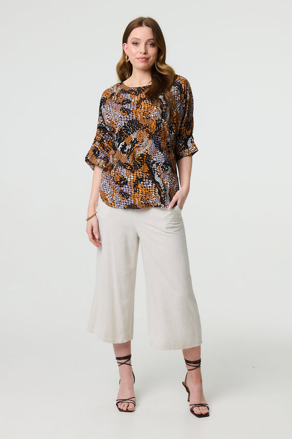 Black | Animal Print 3/4 Sleeve Relaxed Top