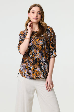 Black | Animal Print 3/4 Sleeve Relaxed Top