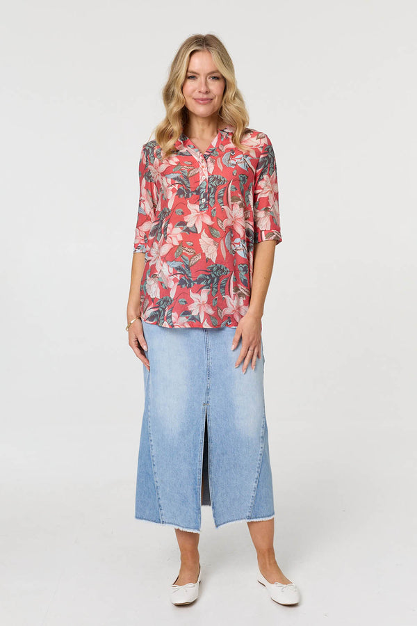 Red | Floral 3/4 Sleeve Relaxed V-Neck Blouse