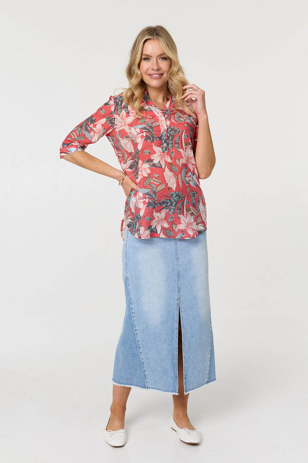 Red | Floral 3/4 Sleeve Relaxed V-Neck Blouse
