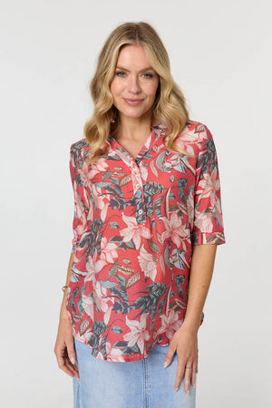 Red | Floral 3/4 Sleeve Relaxed V-Neck Blouse